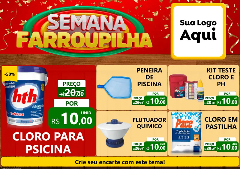 Modelo de Encarte para Encarte A4 Horizontal com o tema Semana Farroupilha para Produtos para Piscina