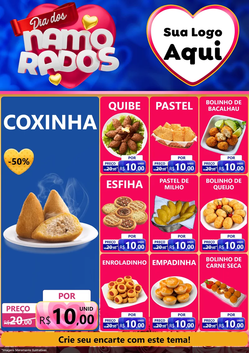Modelo de Encarte para Encarte A4 Vertical com o tema Dia dos namorados para Salgadaria
