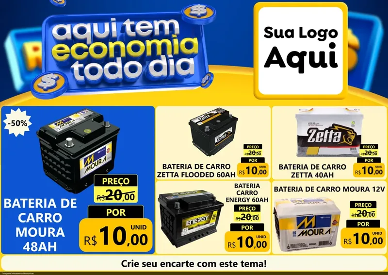 Modelo de Encarte para Encarte A4 Horizontal com o tema Aqui Tem Economia Todo Dia para Baterias Elétricas