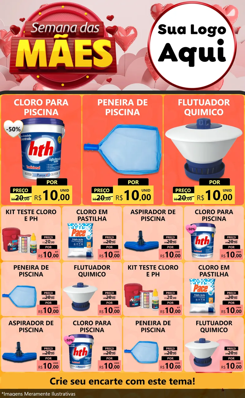 Modelo de Encarte para Encarte Grande com o tema Semana das Mães para Produtos para Piscina