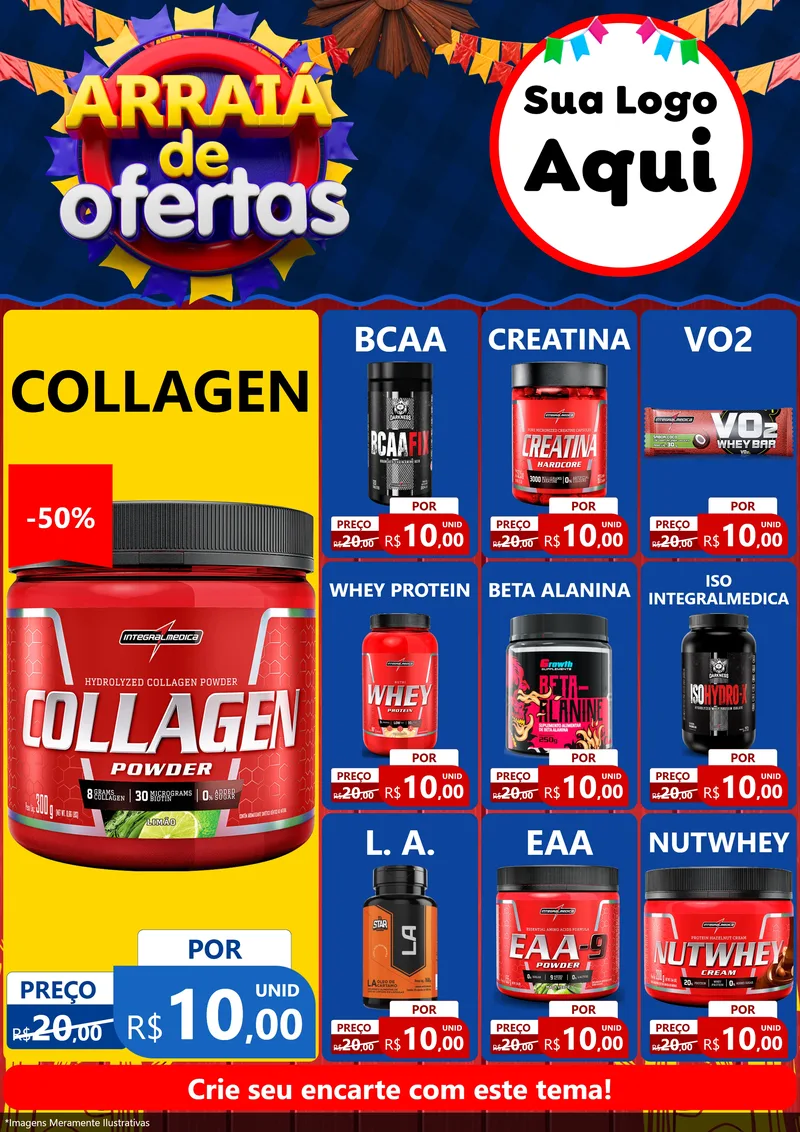 Modelo de Encarte para Encarte A4 Vertical com o tema Arraiá de Ofertas para Suplementos alimentares