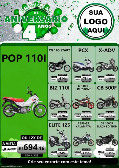 Modelo de Encarte para Encarte A4 Vertical com o tema Promoção de Aniversário - 4 Anos para Concessionaria de Motos