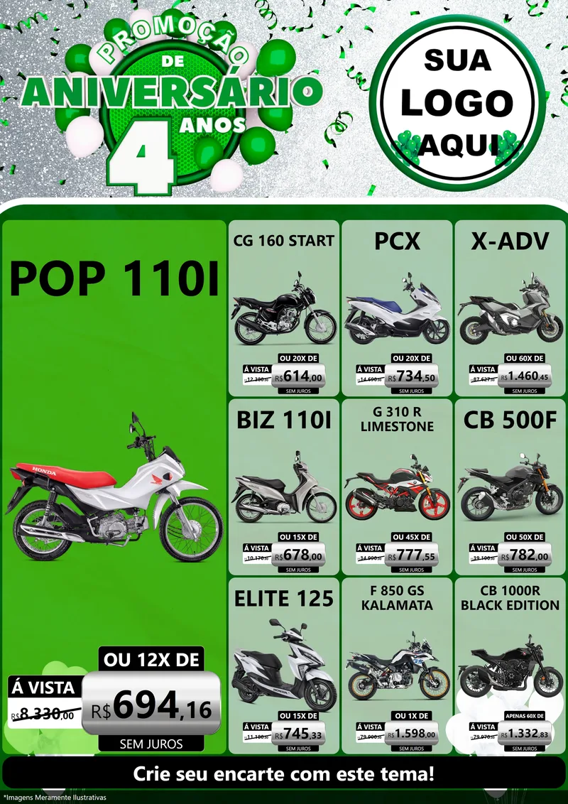 Modelo de Encarte para Encarte A4 Vertical com o tema Promoção de Aniversário - 4 Anos para Concessionaria de Motos