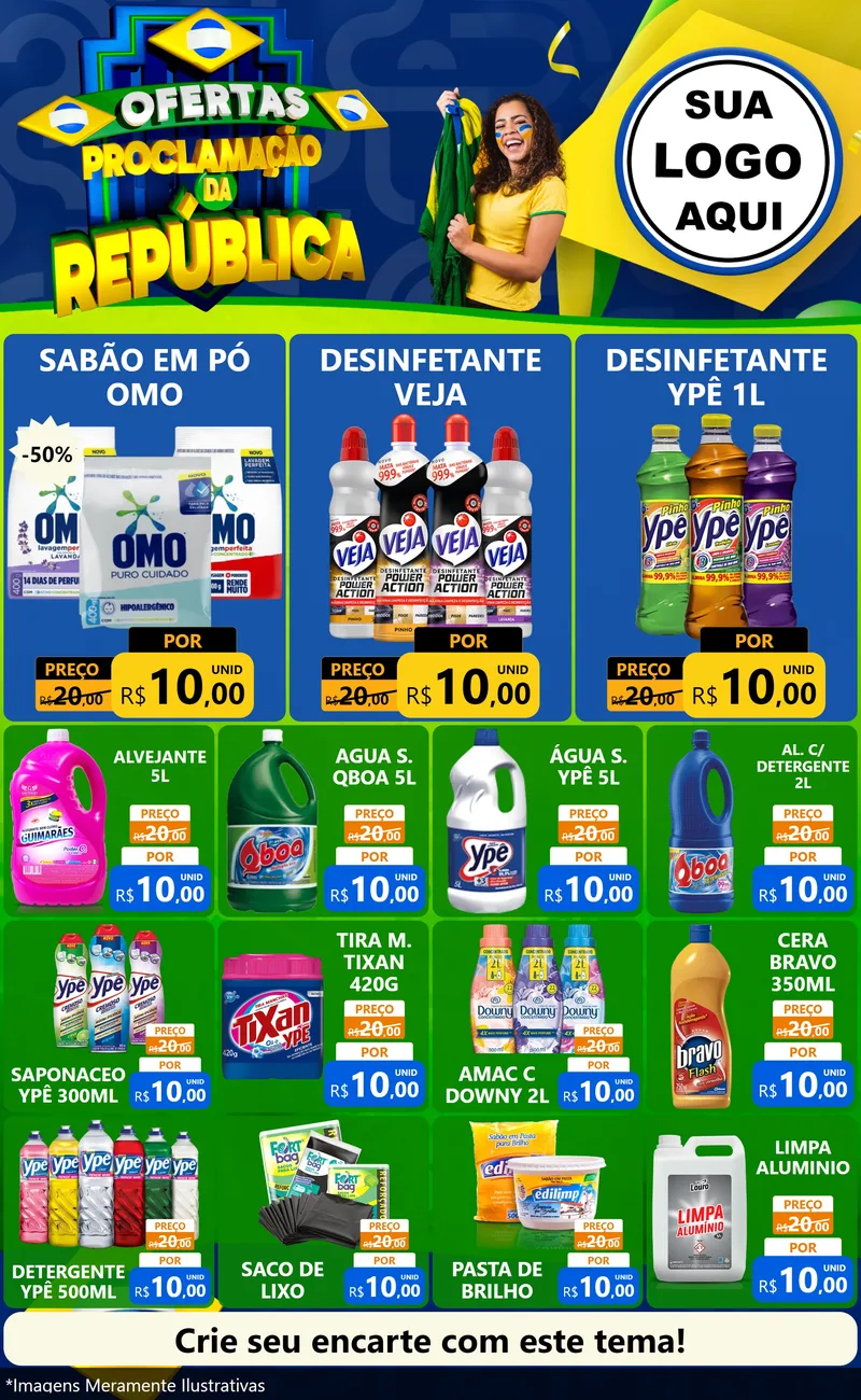 Modelo de Encarte para Encarte Grande com o tema Ofertas Proclamação da República para Produtos de Limpeza