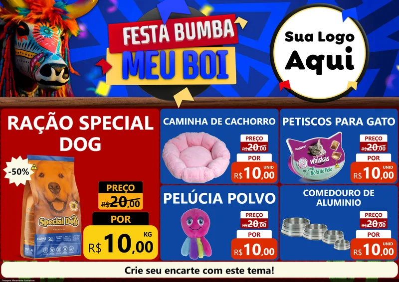 Modelo de Encarte para Encarte A4 Horizontal com o tema Festa Bumba meu Boi para Pet Shop