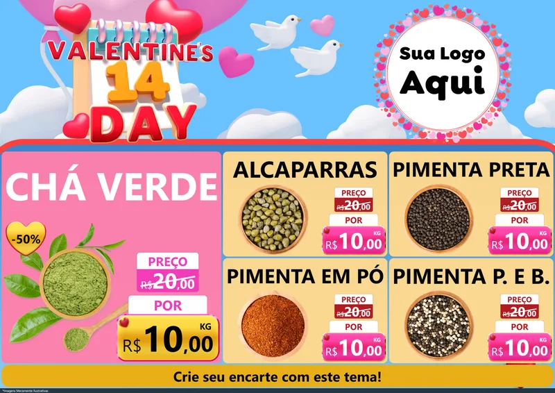 Modelo de Encarte para Encarte A4 Horizontal com o tema Valentine's Day para Produtos Naturais