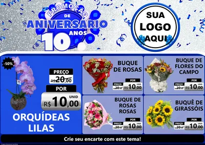 Modelo de Encarte para Encarte A4 Horizontal com o tema Promoção de Aniversário - 10 Anos para Floricultura e jardim