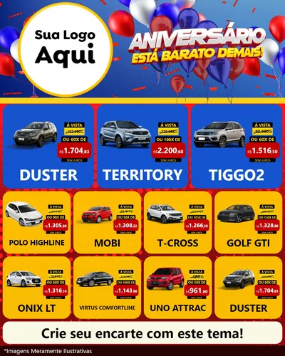 Modelo de Rede Social para Feed Instagram com o tema Aniversário para Concessionaria de Carros