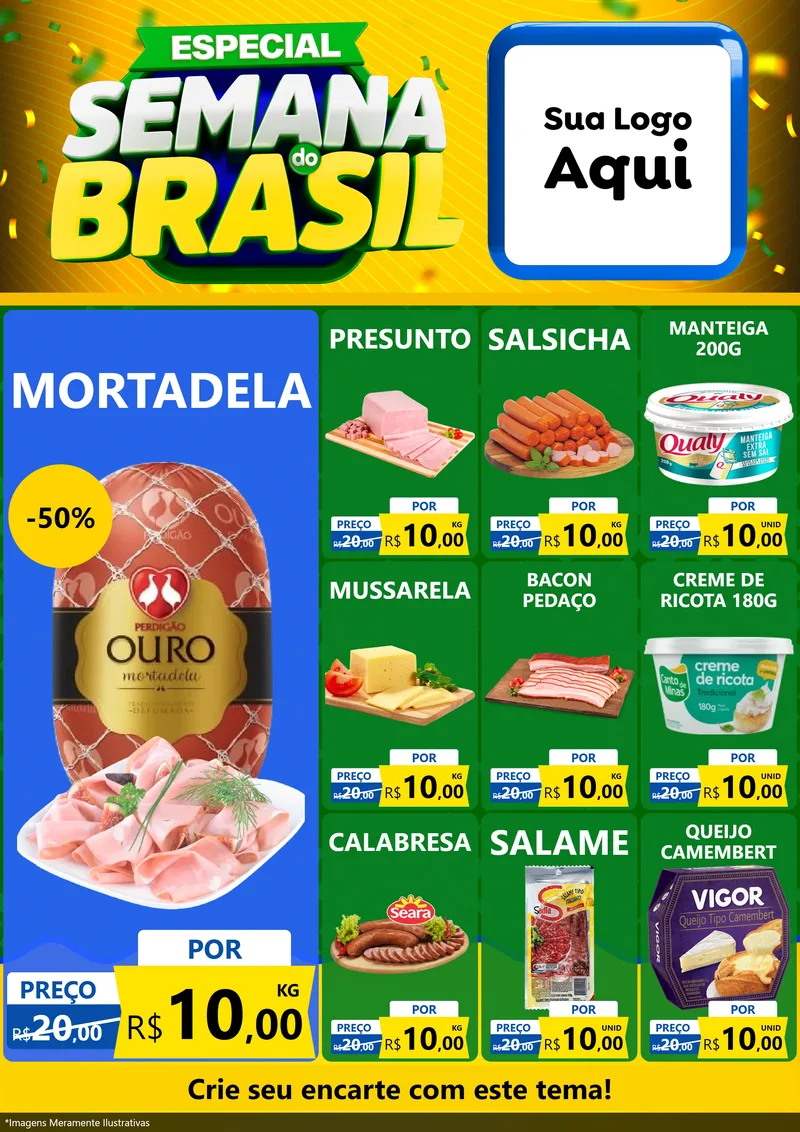 Modelo de Encarte para Encarte A4 Vertical com o tema Especial Semana do Brasil para Frios e Laticínios