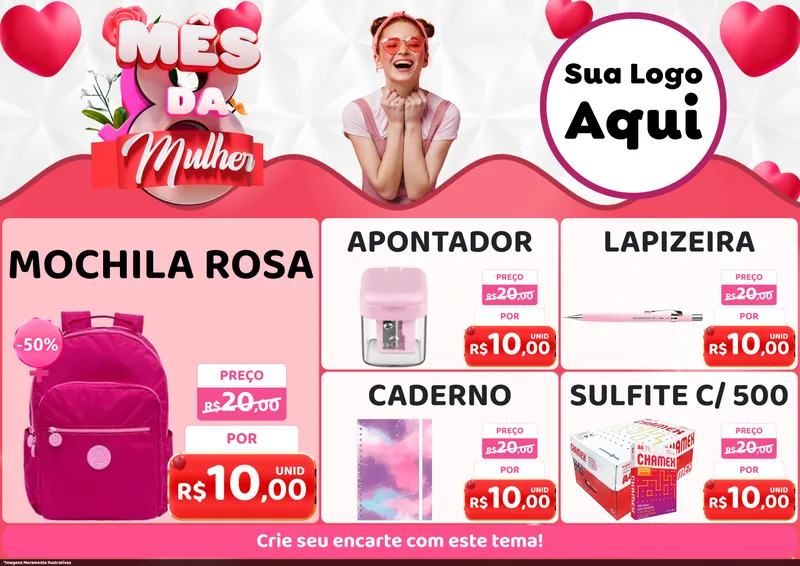 Modelo de Encarte para Encarte A4 Horizontal com o tema Mês da Mulher para Papelaria