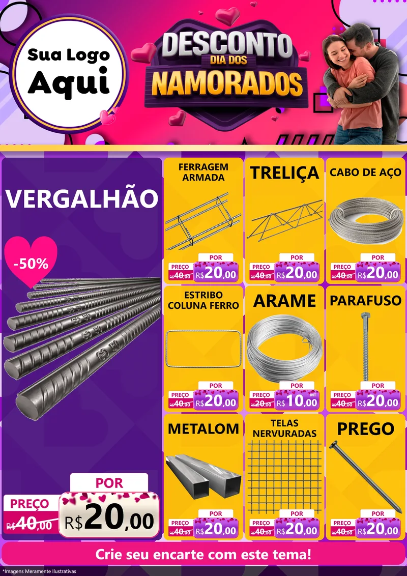 Modelo de Encarte para Encarte A4 Vertical com o tema Desconto Dia dos Namorados para Ferragens