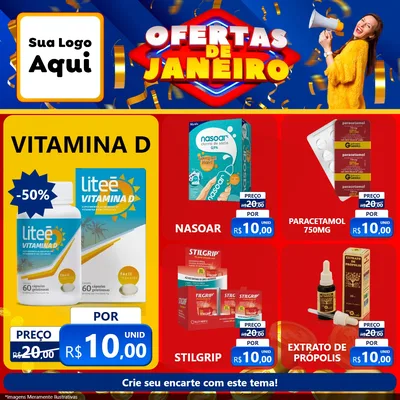 Modelo de Rede Social para Feed Facebook com o tema Ofertas de Janeiro para Farmácia
