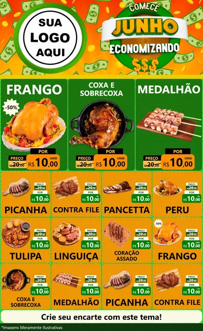 Modelo de Encarte para Encarte Grande com o tema Comece Junho Economizando para Assados