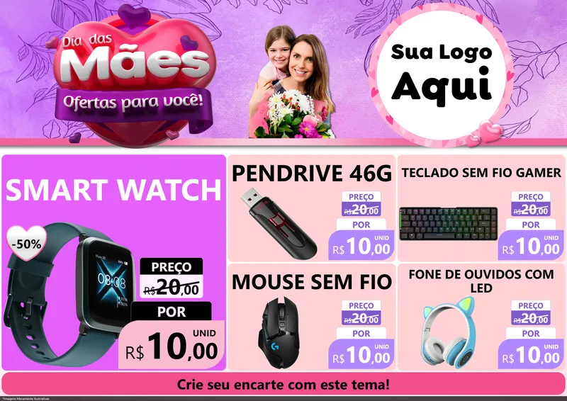 Modelo de Encarte para Encarte A4 Horizontal com o tema Dia das Mães Ofertas para Você! para Informática