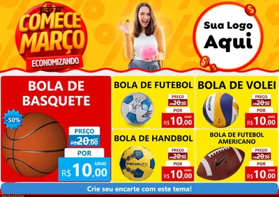 Modelo de Encarte para Encarte A4 Horizontal com o tema Comece Março Economizando para Artigos Esportivos