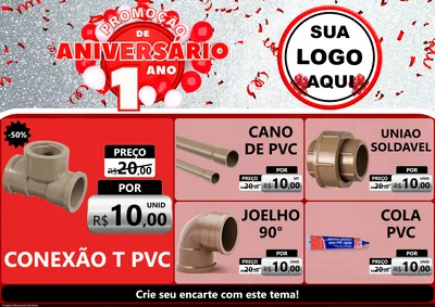 Modelo de Encarte para Encarte A4 Horizontal com o tema Promoção de Aniversário - 1 Ano para Tubos e conexões