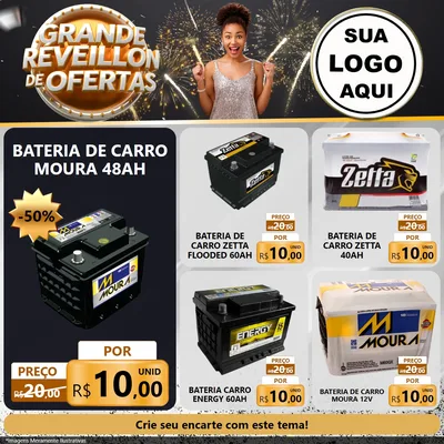 Modelo de Rede Social para Feed Facebook com o tema Grande Réveillon de Ofertas para Baterias Elétricas