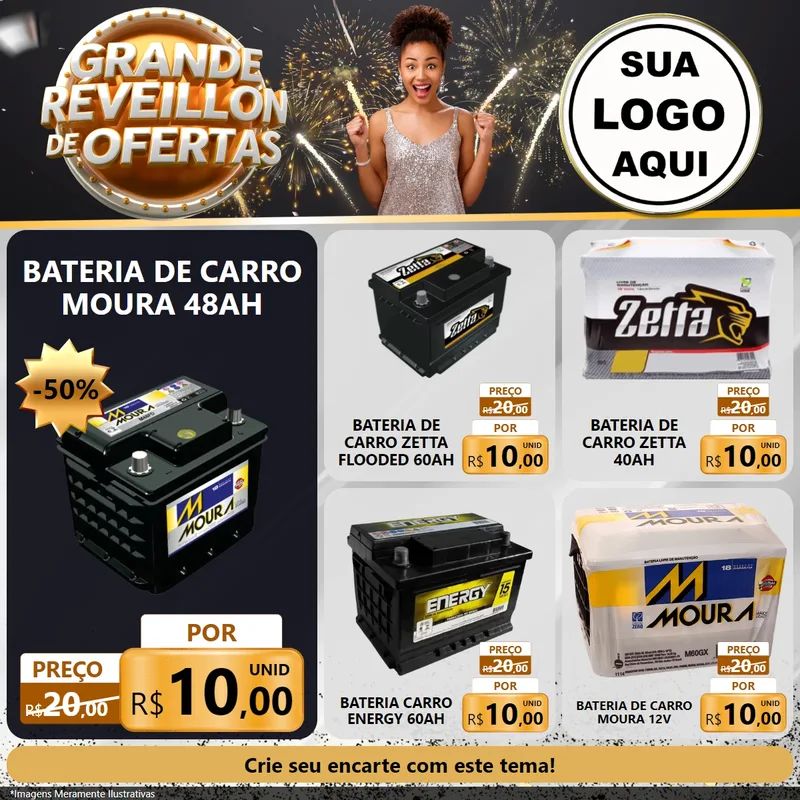 Modelo de Rede Social para Feed Facebook com o tema Grande Réveillon de Ofertas para Baterias Elétricas