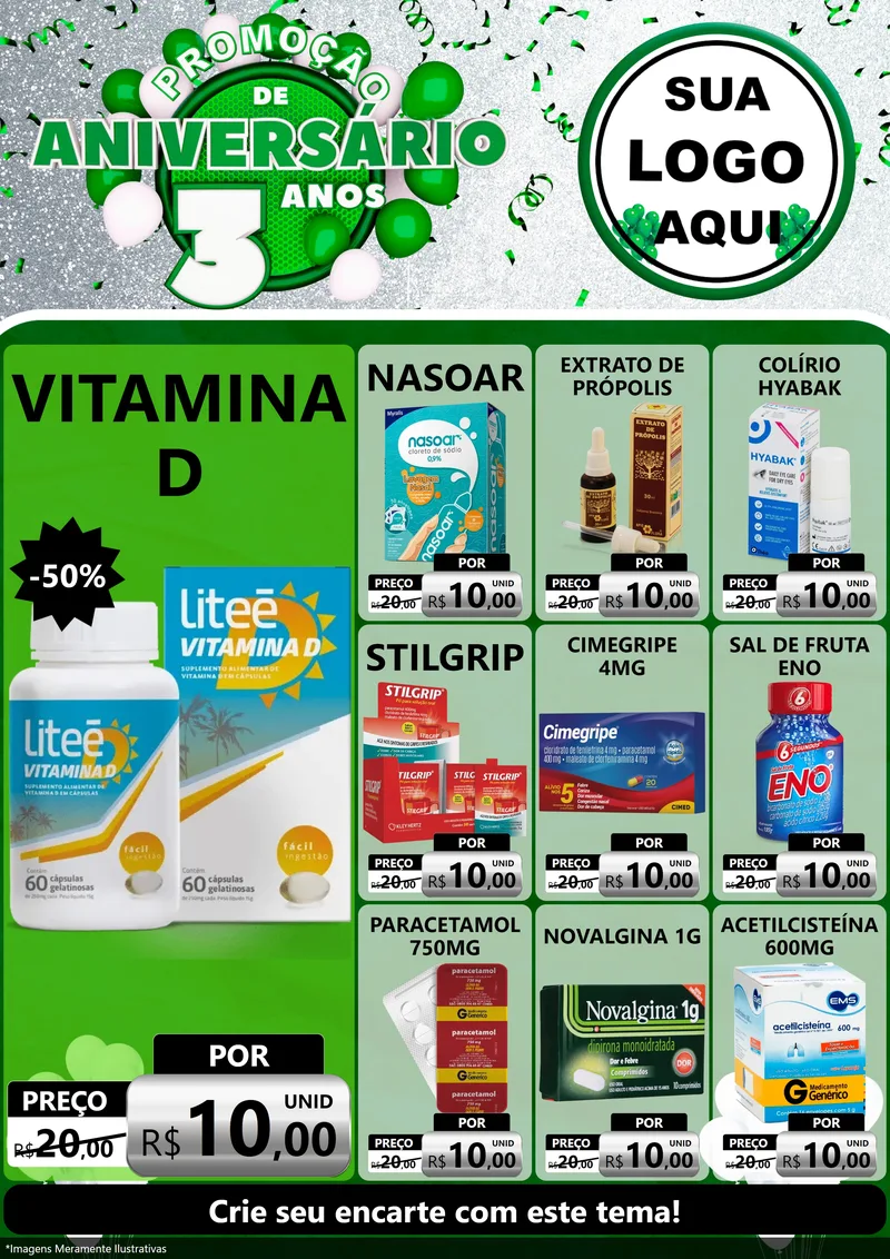 Modelo de Encarte para Encarte A4 Vertical com o tema Promoção de Aniversário - 3 Anos para Farmácia