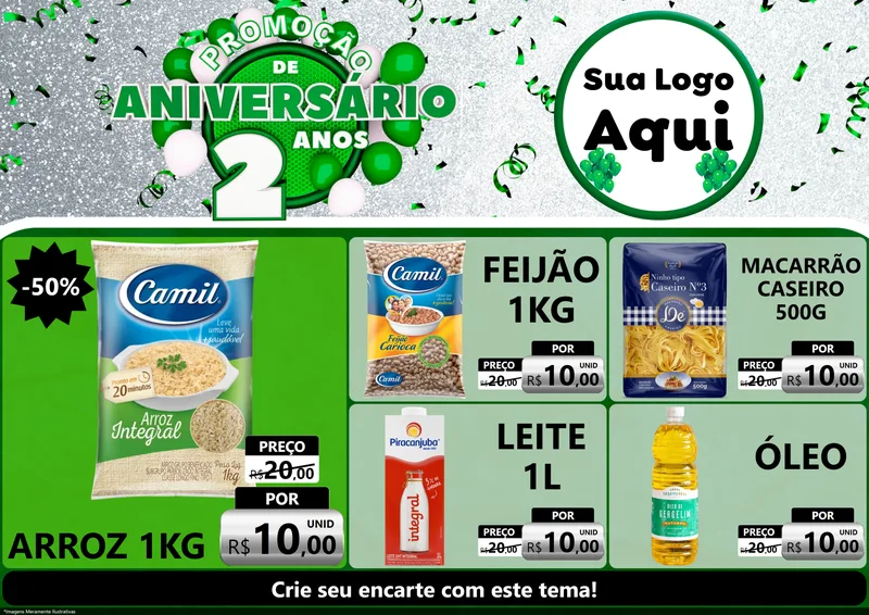 Modelo de Encarte para Encarte A4 Horizontal com o tema Promoção de Aniversário - 2 Anos para Supermercado