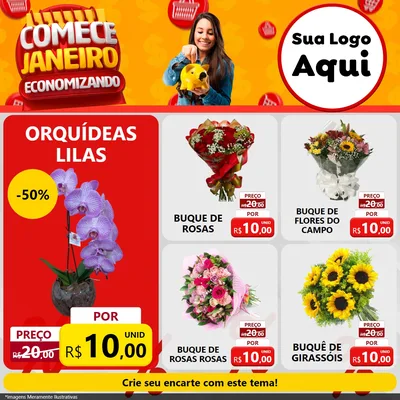Modelo de Rede Social para Feed Facebook com o tema Comece Janeiro Economizando para Floricultura e jardim