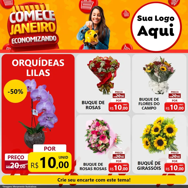 Modelo de Rede Social para Feed Facebook com o tema Comece Janeiro Economizando para Floricultura e jardim