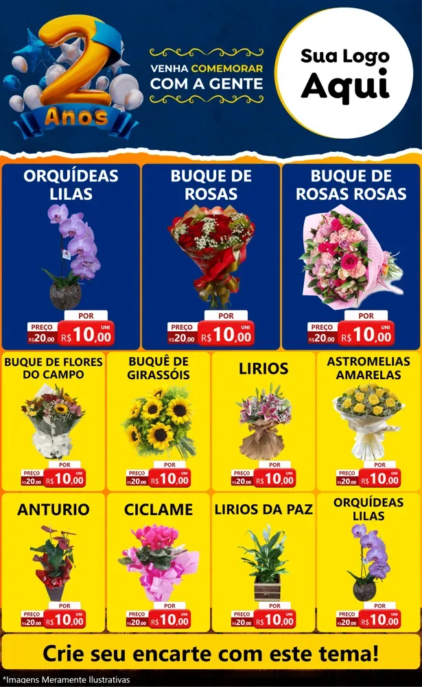 Modelo de Encarte para Encarte Grande com o tema Aniversário de 2 anos para Floricultura e jardim