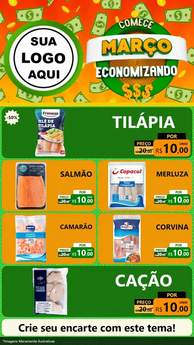 Modelo de TV para TV Vertical com o tema Comece Março Economizando para Peixaria