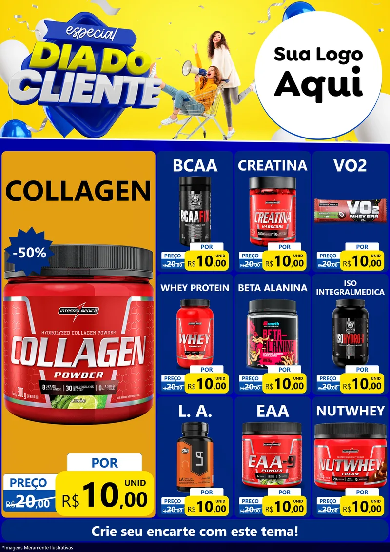 Modelo de Encarte para Encarte A4 Vertical com o tema Especial Dia do Cliente para Suplementos alimentares