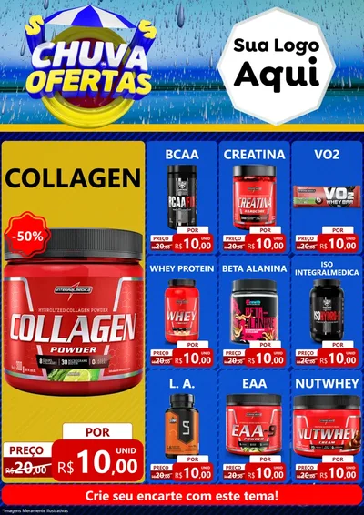Modelo de Encarte para Encarte A4 Vertical com o tema Chuva de Ofertas para Suplementos alimentares