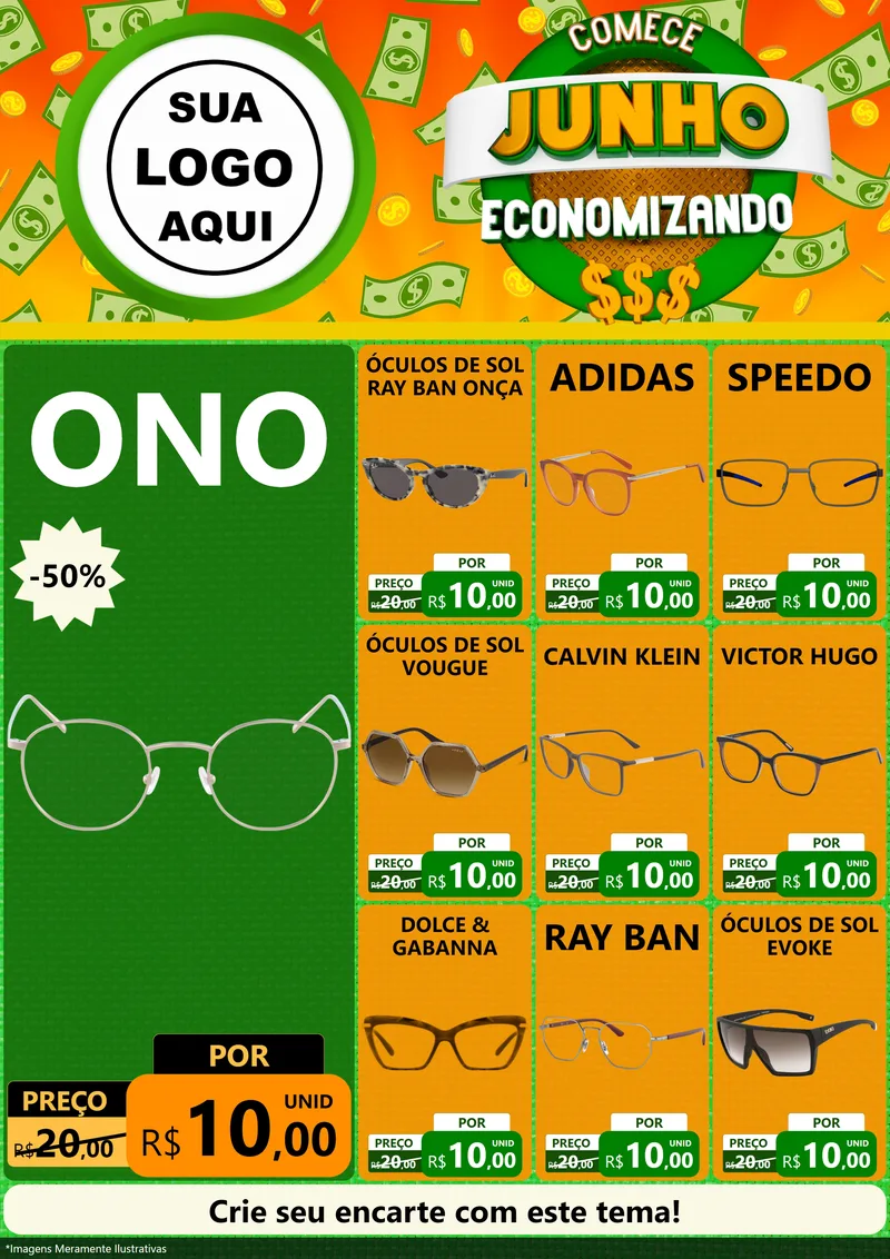 Modelo de Encarte para Encarte A4 Vertical com o tema Comece Junho Economizando para Óticas