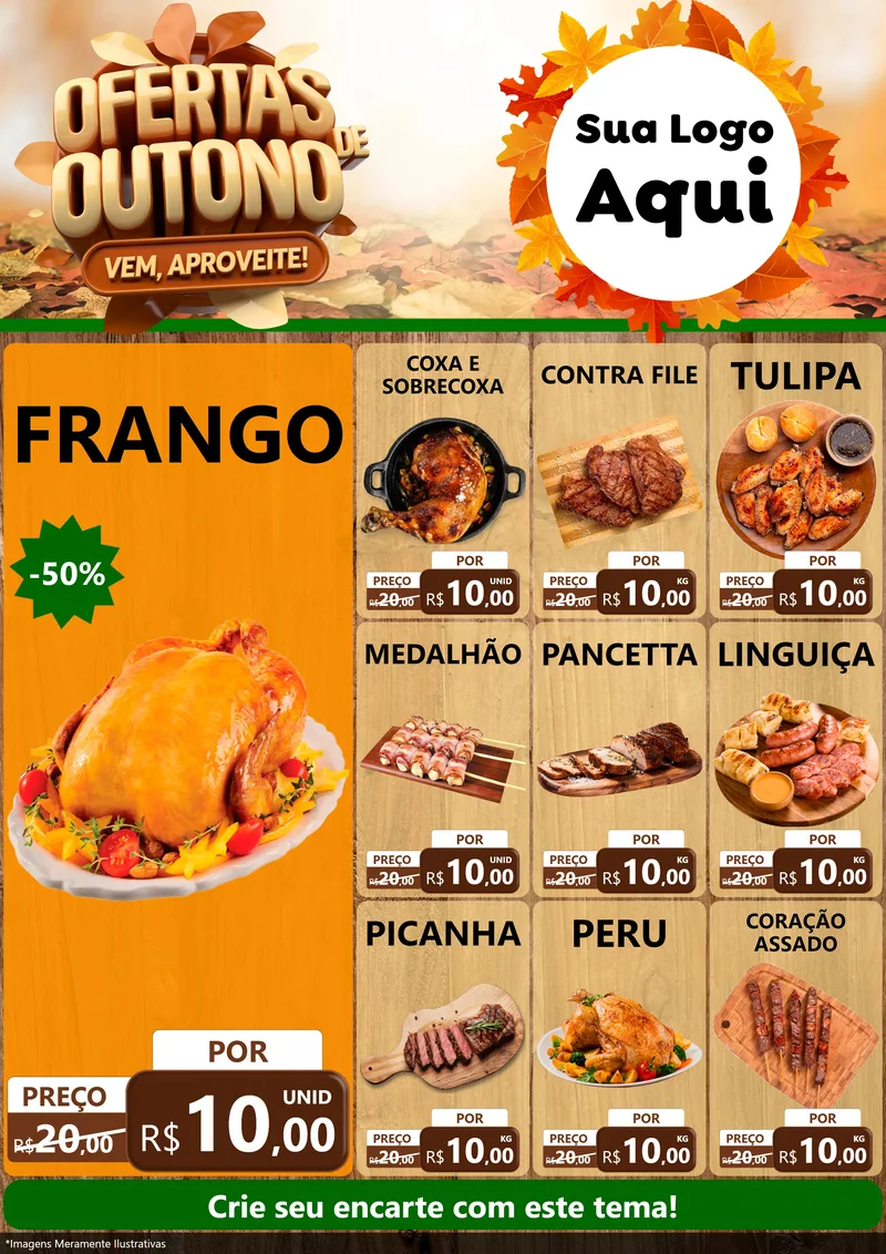 Modelo de Encarte para Encarte A4 Vertical com o tema Ofertas de Outono - Vem, Aproveite! para Assados