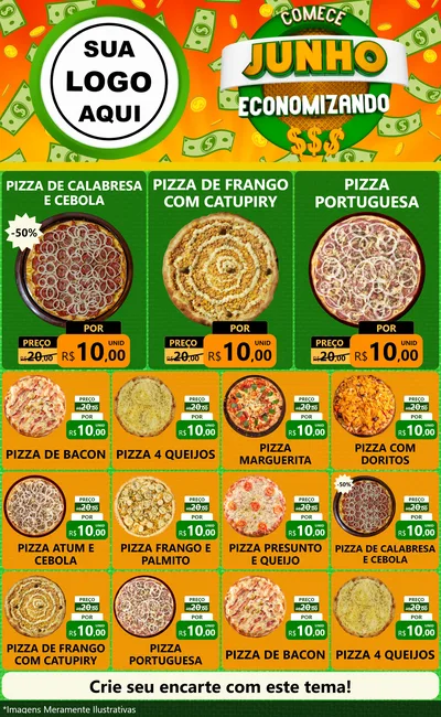 Modelo de Encarte para Encarte Grande com o tema Comece Junho Economizando para Pizzaria
