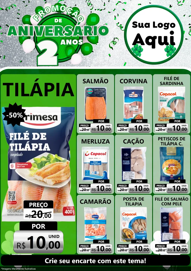 Modelo de Encarte para Encarte A4 Vertical com o tema Promoção de Aniversário - 2 Anos para Peixaria