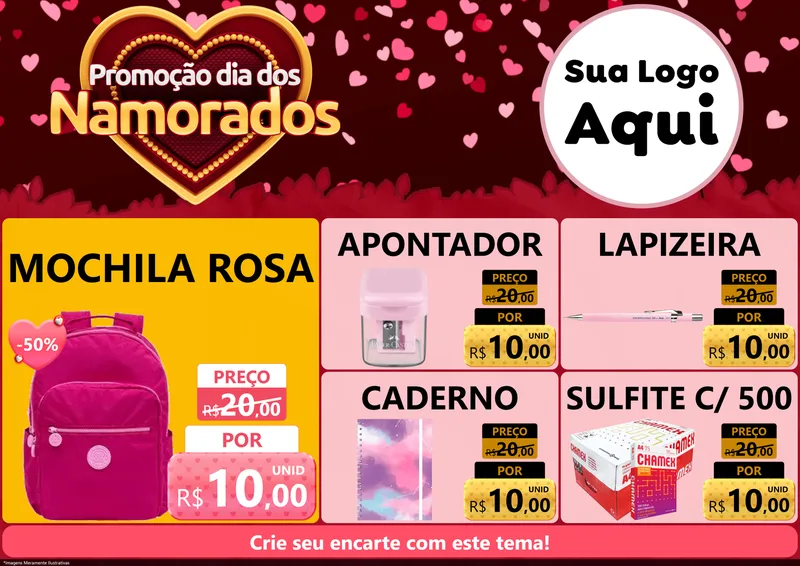 Modelo de Encarte para Encarte A4 Horizontal com o tema Promoção Dia Dos Namorados para Papelaria