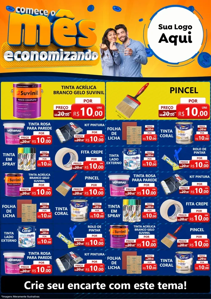 Modelo de Encarte para Encarte A4 Vertical com o tema Comece O Mês Economizando para Tintas e Ferramentas