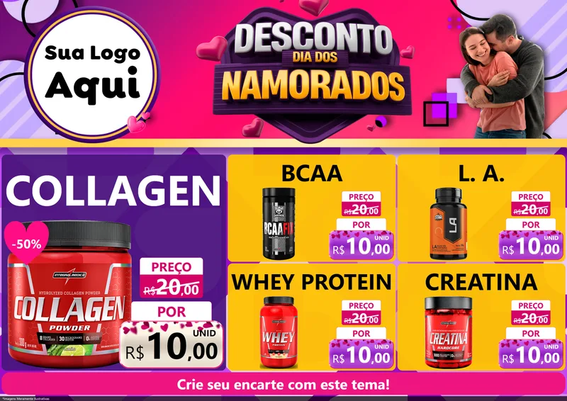 Modelo de Encarte para Encarte A4 Horizontal com o tema Desconto Dia dos Namorados para Suplementos alimentares
