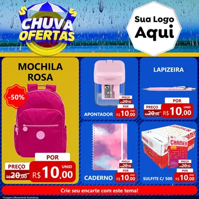 Modelo de Rede Social para Feed Facebook com o tema Chuva de Ofertas para Papelaria