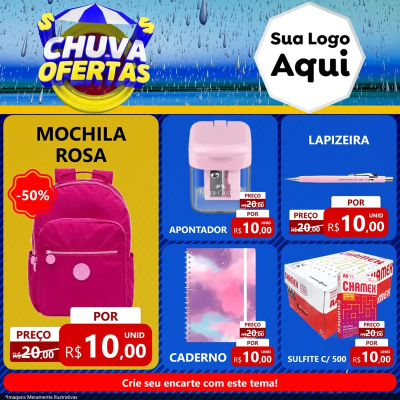 Modelo de Rede Social para Feed Facebook com o tema Chuva de Ofertas para Papelaria