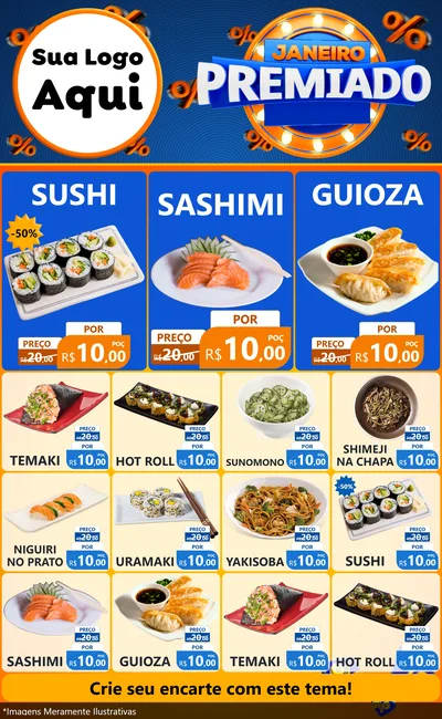 Modelo de Encarte para Encarte Grande com o tema Janeiro Premiado para Comida japonesa