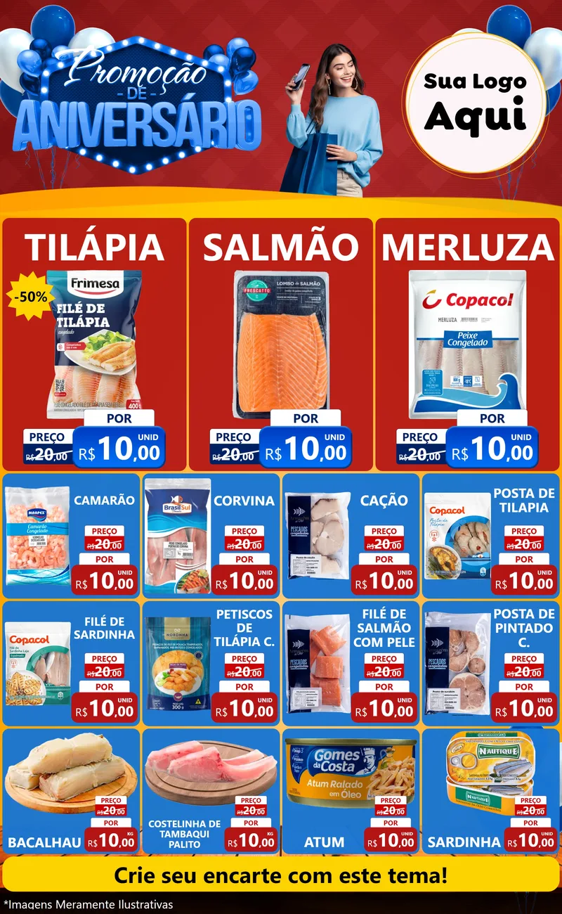 Modelo de Encarte para Encarte Grande com o tema Promoção de Aniversário para Peixaria