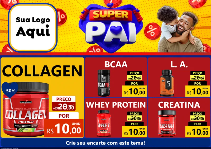 Modelo de Encarte para Encarte A4 Horizontal com o tema Super Pai para Suplementos alimentares
