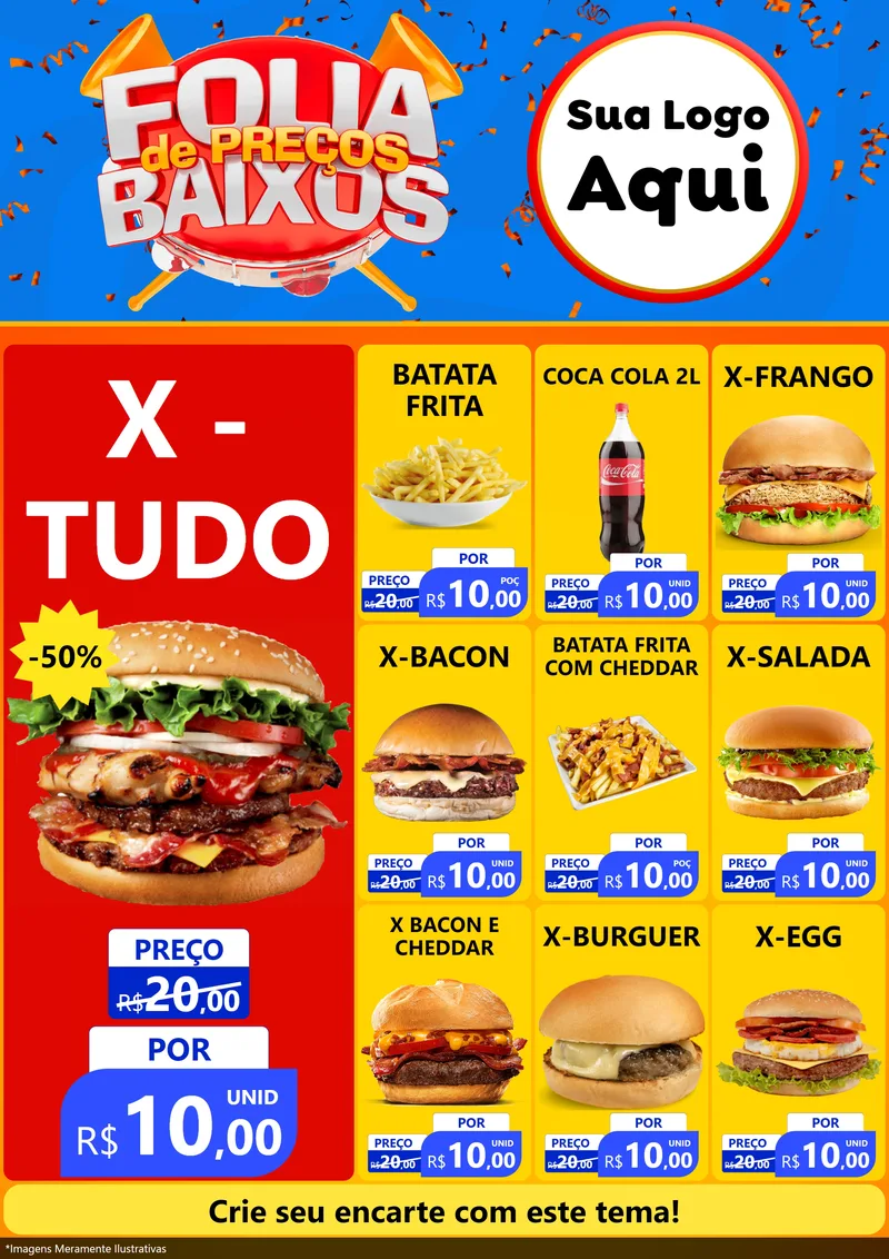 Modelo de Encarte para Encarte A4 Vertical com o tema Folia de Preços Baixos para Hamburgueria