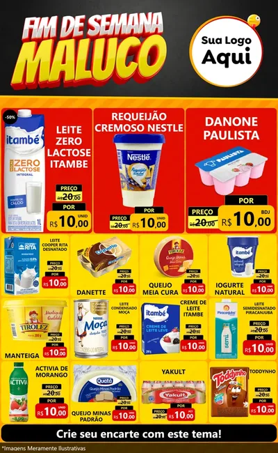 Modelo de Encarte para Encarte Grande com o tema Final de Semana Maluco para Frios e Laticínios