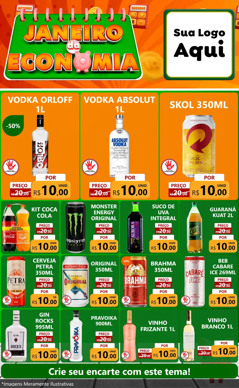 Modelo de Encarte para Encarte Grande com o tema Janeiro da Economia para Distribuidora de bebidas