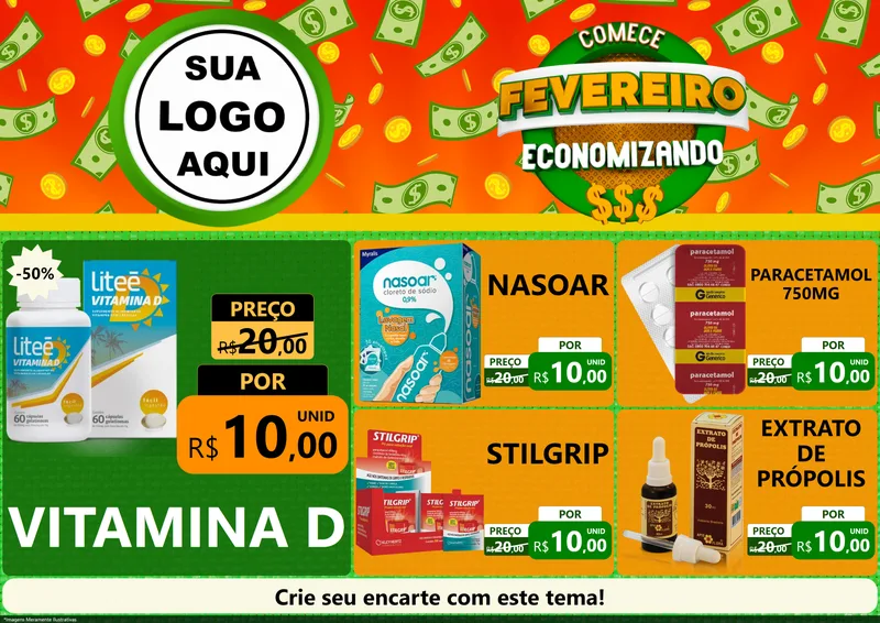 Modelo de Encarte para Encarte A4 Horizontal com o tema Comece Fevereiro Economizando para Farmácia