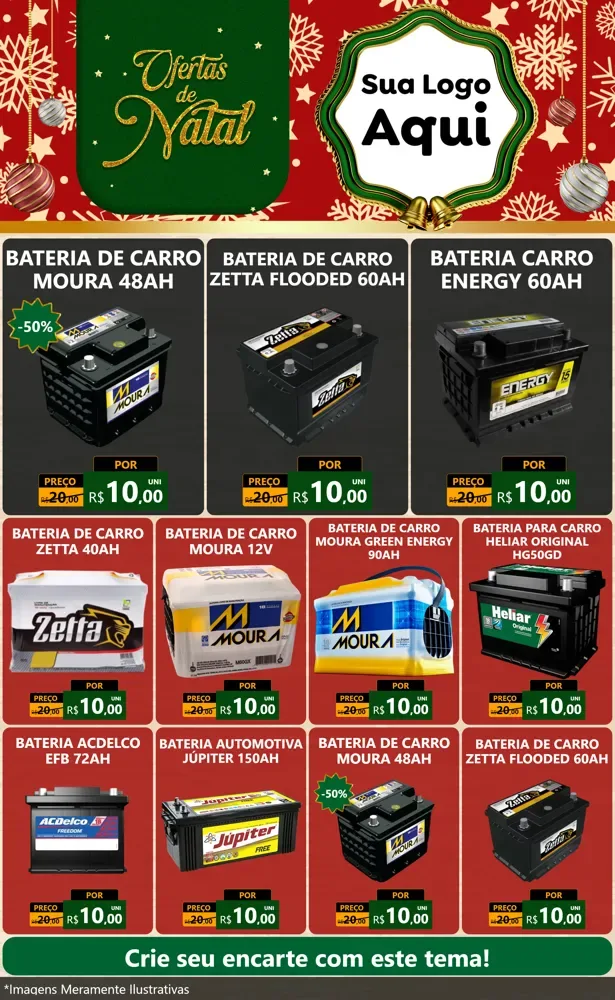 Modelo de Encarte para Encarte Grande com o tema Natal de Ofertas para Baterias Elétricas