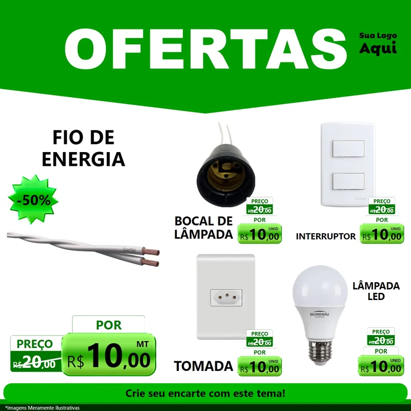Modelo de Rede Social para Feed Facebook com o tema Ofertas Verde Cartaz para Materiais Elétricos