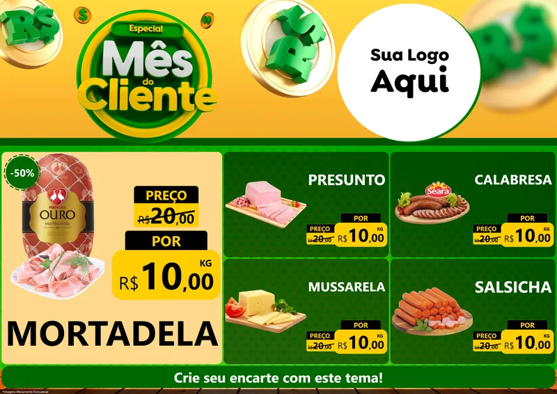 Modelo de Encarte para Encarte A4 Horizontal com o tema Especial Mês do Cliente para Frios e Laticínios