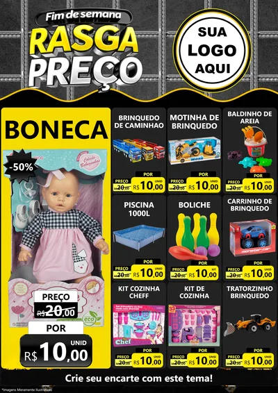 Modelo de Encarte para Encarte A4 Vertical com o tema Fim de Semana Rasga Preço para Brinquedos